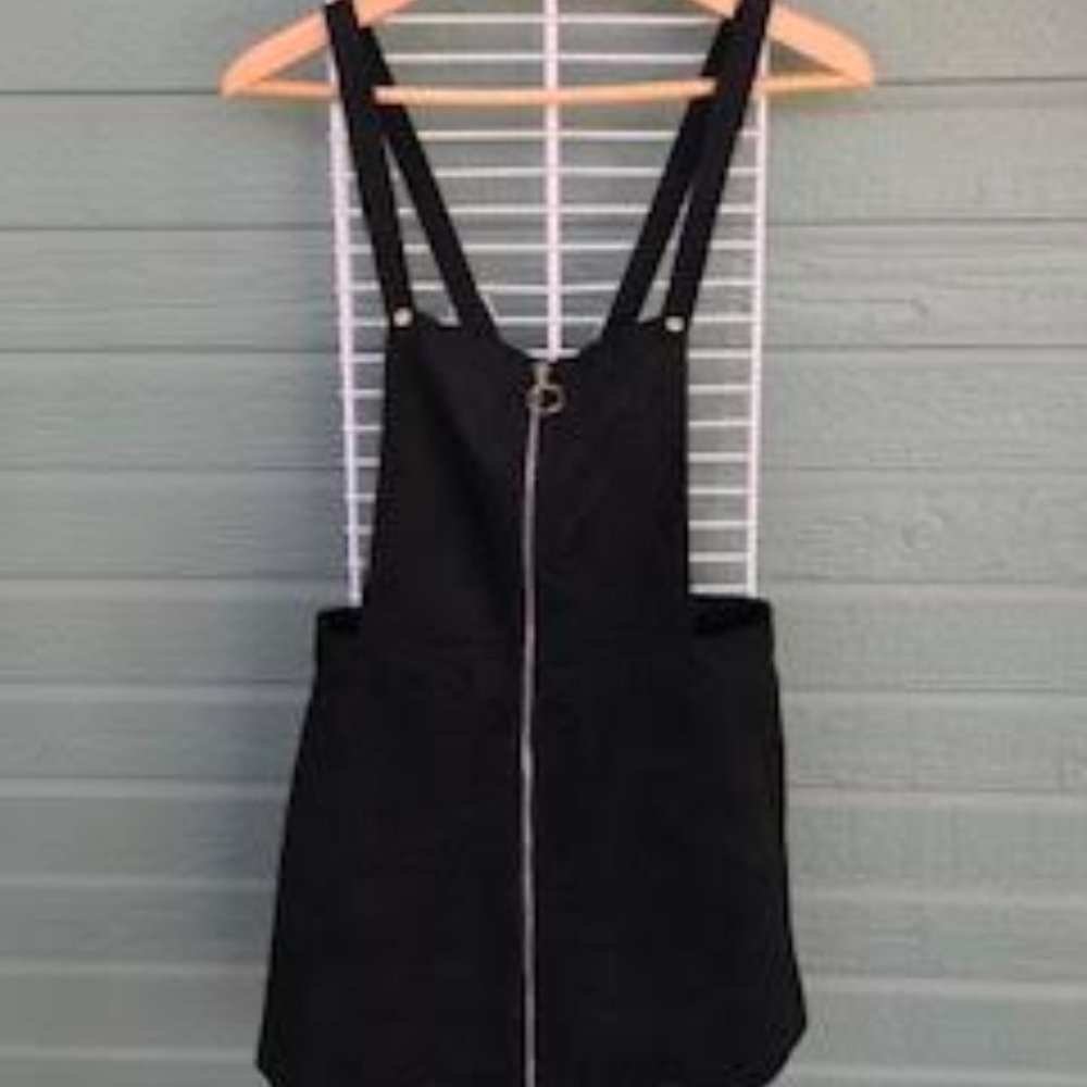 H&M Black Faux Suede Short Bib Overall Dress 6